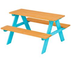 a wooden picnic table with blue legs