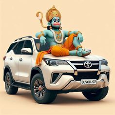 a white truck with an image of a hindu god on it's bed in front of a beige background