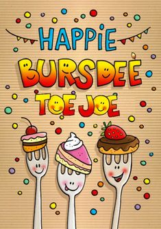 three spoons with different types of food on them and the words happy bursbee ke