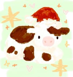 a brown and white cow wearing a santa hat