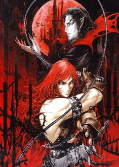 two people in front of a red moon with chains and swords on their shoulders, one holding