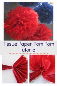 tissue paper pom pom flowers are shown in red, blue and white colors