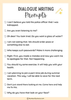 a printable list with the words dialogue writing phonops on it