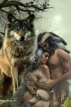 two wolfs are standing next to each other with a woman in the foreground