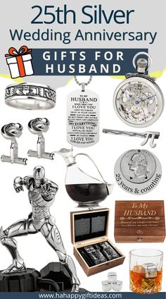 the 25th silver wedding anniversary gifts for husband and wife are on display in this poster