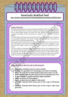 a poster with the words genitally modified food in purple and blue on it