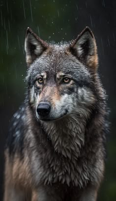 a wolf is standing in the rain with it's eyes open and looking at the camera