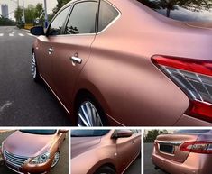 the side view of a pink car with chrome rims