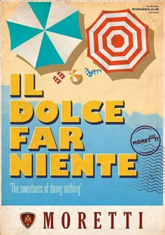 an old book cover with two umbrellas on the beach and moretti in the background