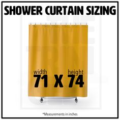 a shower curtain with the measurements for each size