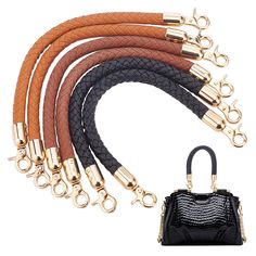 a set of four different colored leashs and a handbag with gold hardware on the handles