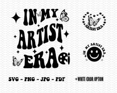 the inky artist era logo is shown in black and white, with butterflies on it