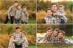 four photos of a family posing for pictures together in front of some water and grass