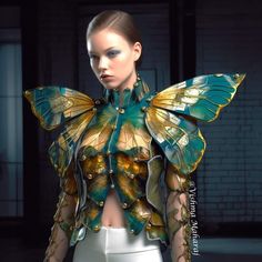 a woman in a white dress with green and gold wings