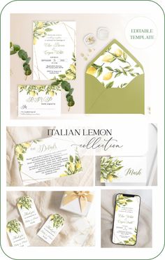 the wedding stationery is shown with yellow flowers and greenery, including green leaves