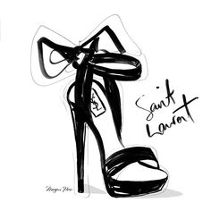 a black and white drawing of a high heeled shoe with the words saint laurent on it