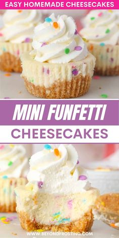 mini funfetti cheesecakes with white frosting and sprinkles