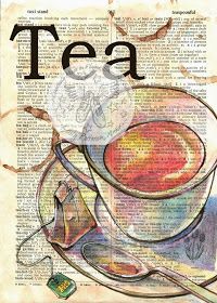 a drawing of a cup of tea on top of a book page with the word tea in it