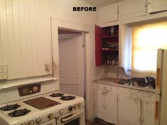 an old kitchen with white appliances and cupboards is being remodeled by the owner's agent