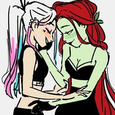 a drawing of two women with red hair and green skin, one is touching the other's chest