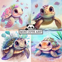 three pictures of sea turtles in different stages of their life cycle, with the words mini cute art above them