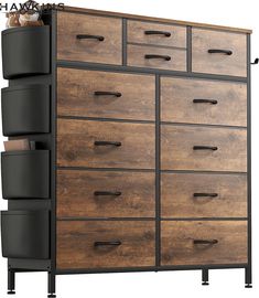 a large wooden dresser with drawers and metal handles on it's sides, against a white background