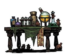 alchemy table - Google Search Alchemy Station, Alchemy Tools, Alchemy Workshop, Alchemy Set, Potion Table, Magic Bookshelf, Alchemy Equipment, Table Sketch