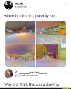 an image of some snow in the middle of two different pictures and one is saying it's winter in hokido, japan by fuke