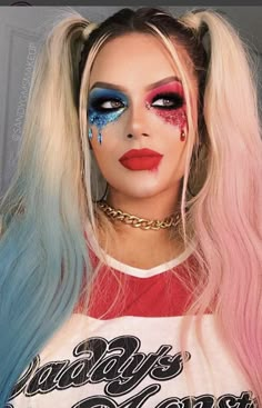 Harley Quinn Halloween Costume, Halloween Makeup Clown, Harley Quinn Makeup, Joker Halloween, Harley Quinn Halloween, Creepy Halloween Makeup, Cute Halloween Makeup, Halloween Makeup Pretty, Harley Quinn Costume