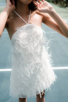 rehearsal feather halter mini dress elliatt Feather Dress Short, Feather Mini Dress, Rehearsal Dinner Dresses, Casual Day Dresses, Rehearsal Dress, White Feather, Feather Dress, White Feathers, Style Trends