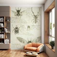 a living room filled with furniture and lots of bugs on the wall next to a window