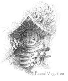 a pencil drawing of a mushroom house