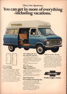 an advertisement for the chevrolet van sportwagon camper, with its doors open