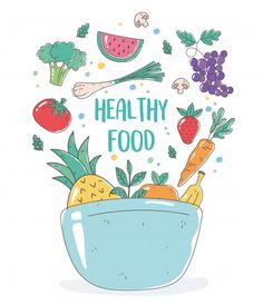 healthy food in a bowl with fruits and vegetables flying out of it, hand drawn illustration