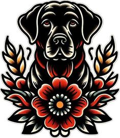 a black dog with red and yellow flowers on it's chest