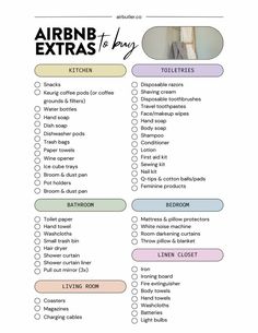 an air bn extra list with the words, kitchen items and other things to do