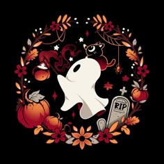 a ghost with pumpkins and other decorations around it on a black background for halloween