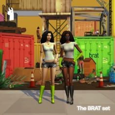 two animated women standing next to each other in front of shipping containers and construction equipment