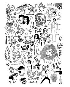 a drawing of people and symbols on a white background