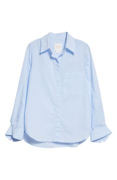 This classically crisp cotton shirt features a hidden-button placket and slightly curved back hem. Spread collar Long sleeves with button cuffs 100% cotton Dry clean Made in the USA of imported fabric Cheap White Shirt With Shirttail Hem, Cheap Button-up Shirt With Pockets, School Fits Uniform, Surfing Painting, Outfit Vision Board, Build An Outfit, Baby Blue Shirt, Baby Blue Dresses, Blue Button Up Shirt