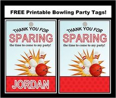 two bowling party tags with the words, thank you for spring and jordan