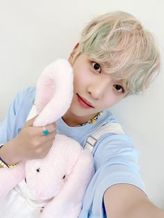 a boy holding a pink stuffed animal in his right hand and wearing a blue shirt