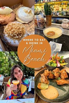 a woman sitting at a table with food in front of her and the words where to eat & drink in namin beach