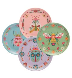 four colorful plates with bugs and flowers painted on the front, one has a bee