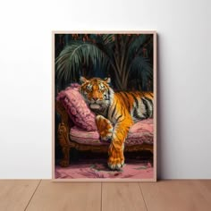 a painting of a tiger laying on a pink couch in front of a palm tree