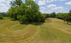 an aerial view of a grassy field with trees in the foreground and a winding road on the other side