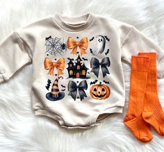 Halloween Ghost Graphic is perfect for any baby girl or Baby Boy this Halloween season. The bubble romper is super soft cotton. You can either get the romper only or you can add the socks from the drop down menu  HOW TO ORDER  *  Select your options from the Drop Downs *  ADD TO CART If you have any questions or need a different design on the romper, please message us for details. Nursery Aesthetic, Clothes Country, Woman Costumes, Sweatshirt Romper, Ghost Graphic, Baby Bubble Romper, Girls Halloween Outfits