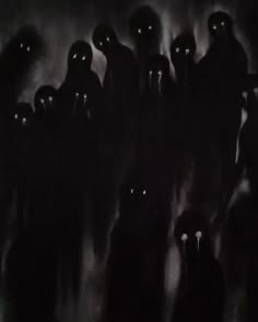 a group of people standing next to each other in front of a black background with glowing eyes