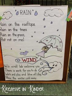 a child's rain poem written on a bulletin board