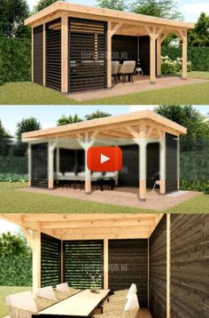 the plans for a small shed are shown in three different views